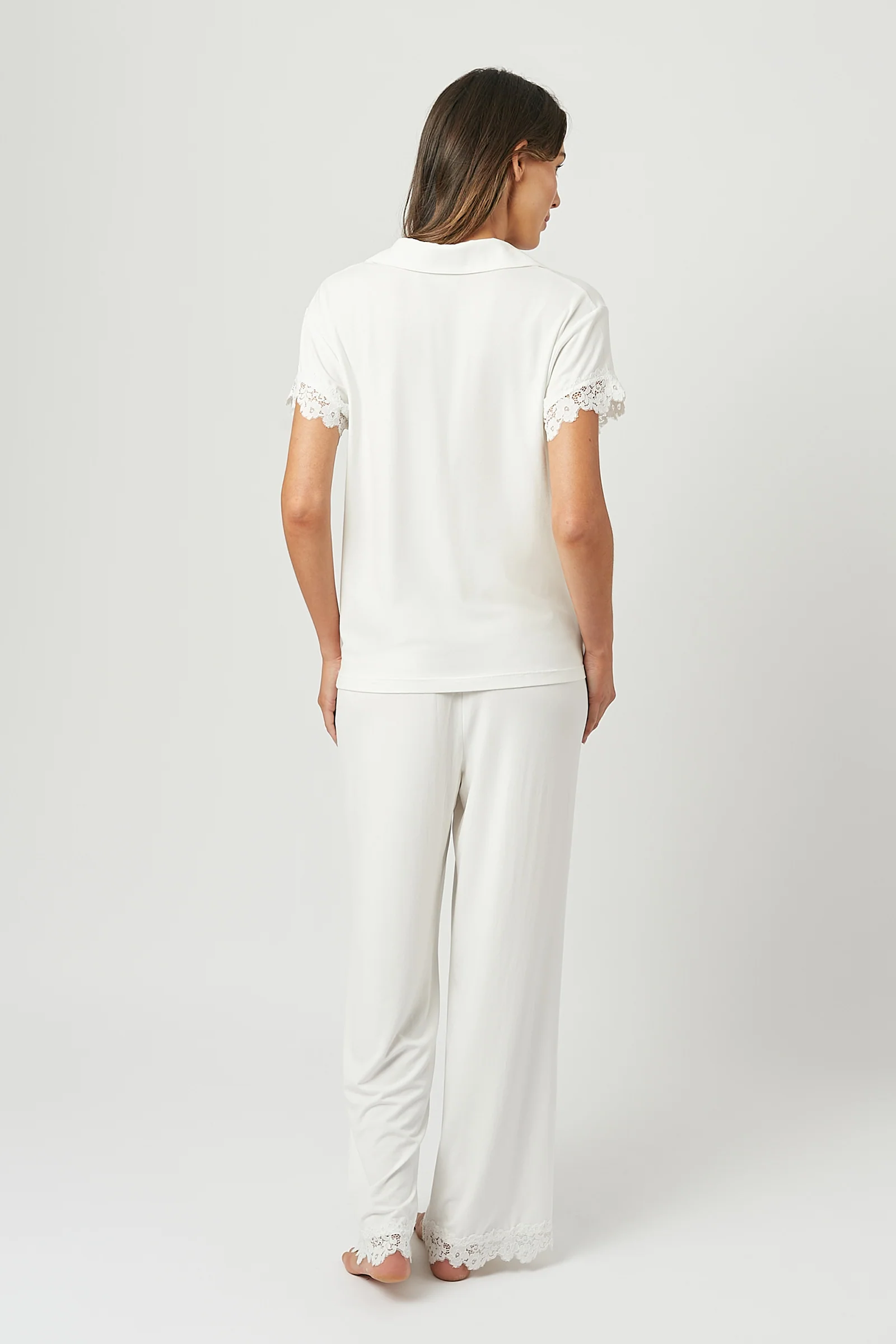 Lace Trim Modal Full Length Pyjama Set IVORY - Image 4